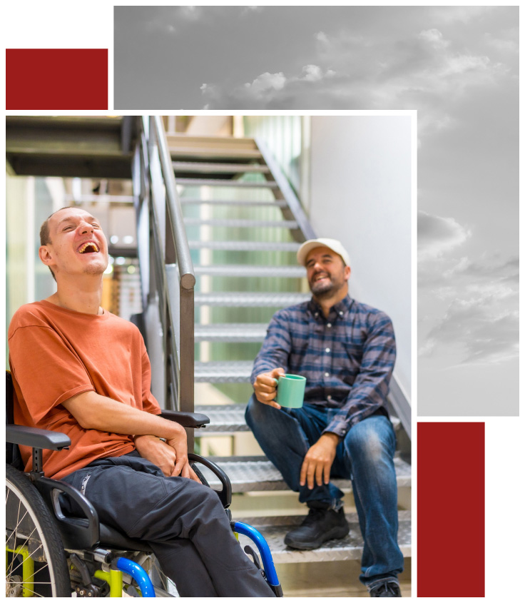 Collage featuring a man in a wheelchair laughing with a friend sitting on stairs, holding a coffee mug, paired with a black-and-white image of clouds, framed by red decorative blocks.