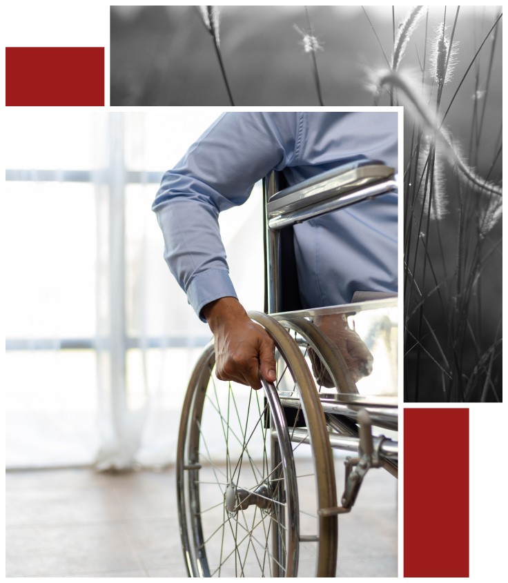 Collage featuring a close-up of a hand on a wheelchair wheel in a bright room, paired with a black-and-white image of grass, framed by red decorative blocks.